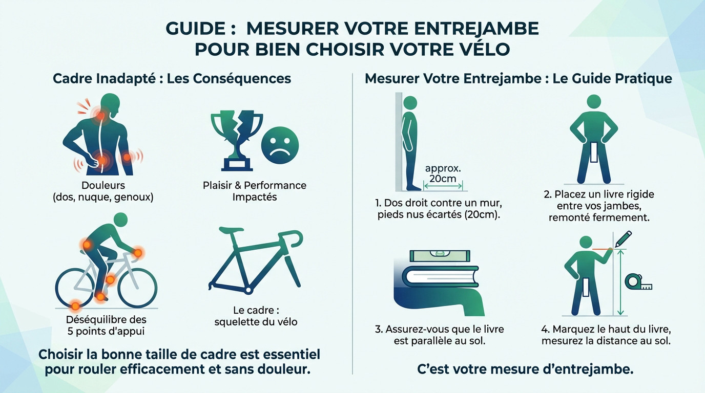 Comment choisir la taille d'un cadre vélo ? Schéma explicatif pour mesurer son entrejambe avec un livre et un mur