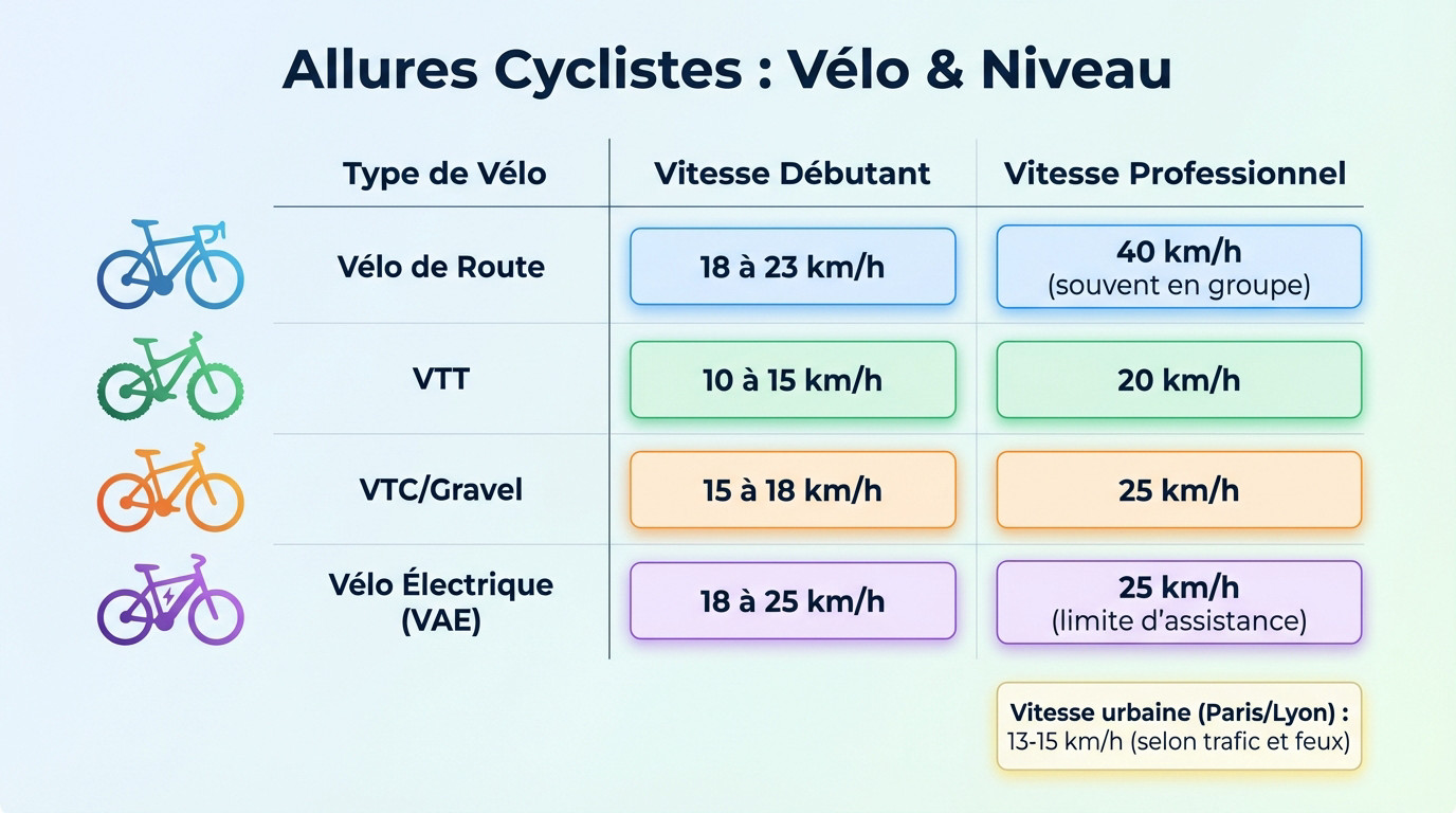 Graphique comparatif des vitesses moyennes selon le type de vélo et le niveau du cycliste