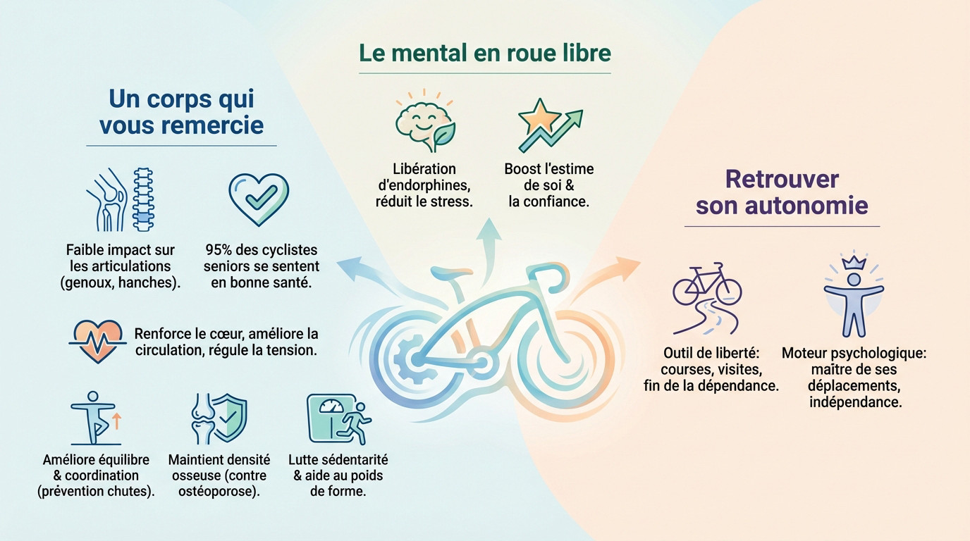 Vélo retraite : schéma explicatif des bienfaits du vélo pour les seniors : amélioration de la santé physique et de l'autonomie