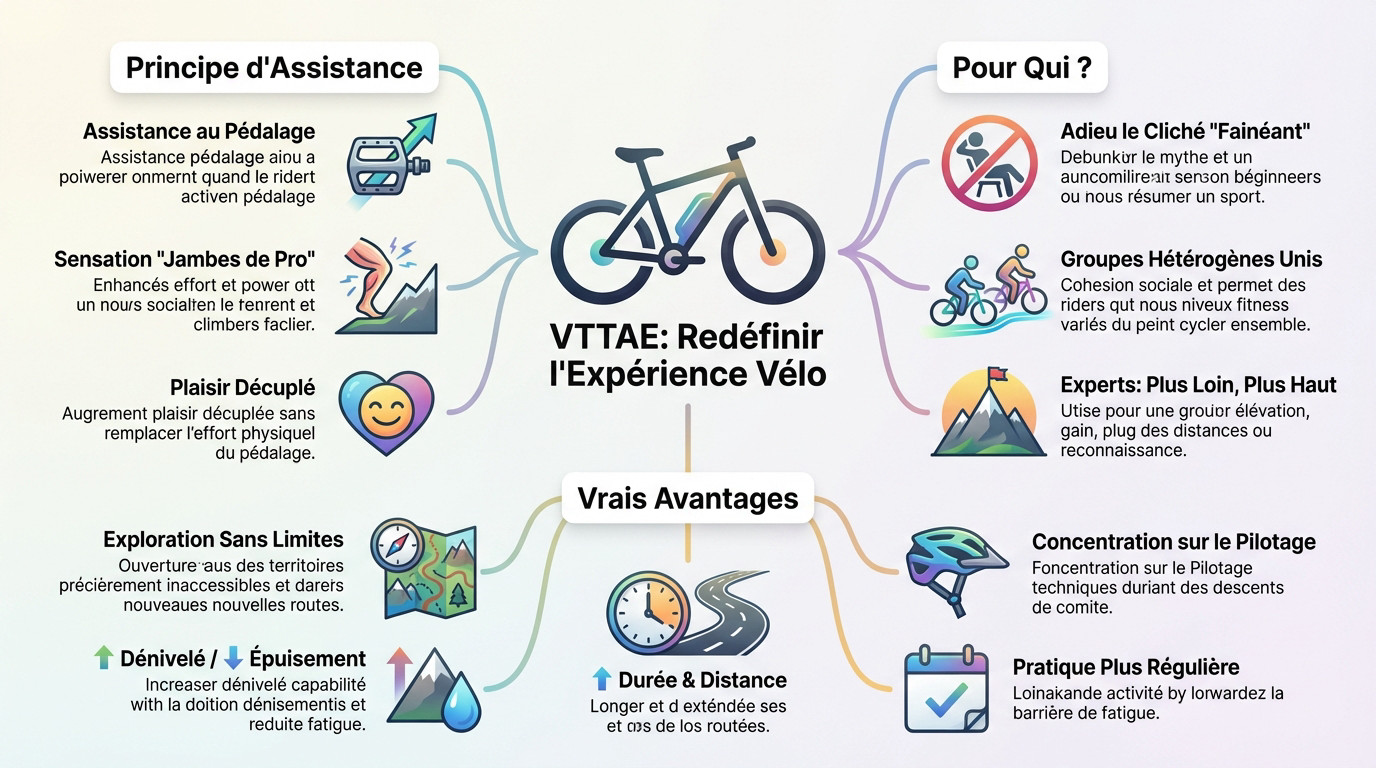Infographie listant les avantages d'avoir un VTT électrique dit "VTTAE "