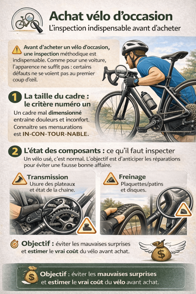 infographie résumant les choses essentielles à contrôler avant l'achat d'un vélo d'occasion.